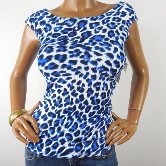INC Top M NWT $49 Knit Shirt Stretch Sleeveless Blouse Casual Blue Animal - Picture 4 of 8